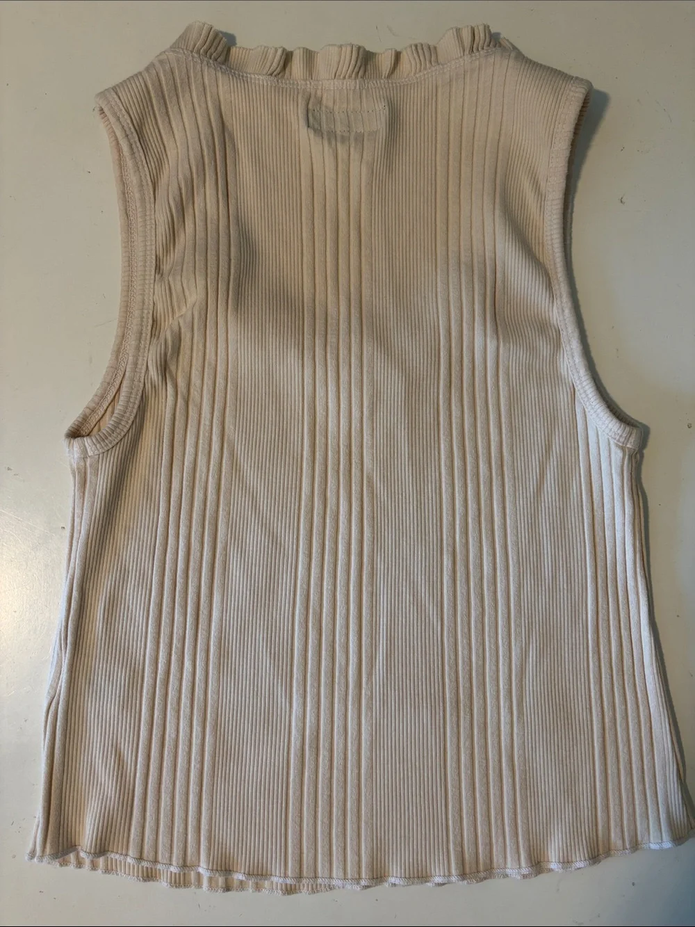 Michael Lauren Cream Ribbed Ruffle-Trim Tank Top Small